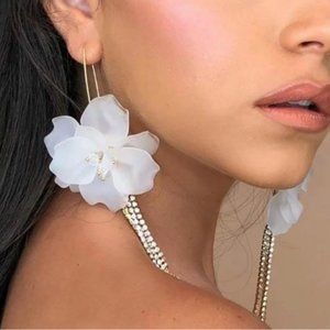 New ~ Zara White Frosted Flower Crystal Fringe Long Statement Earrings